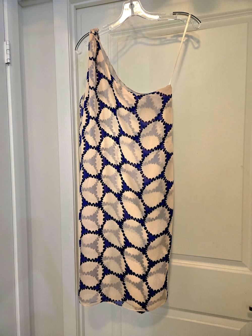 Diane Von Furstenberg 5⭐️ One-Shoulder SILK Cream Dress Navy Circular Print US 6